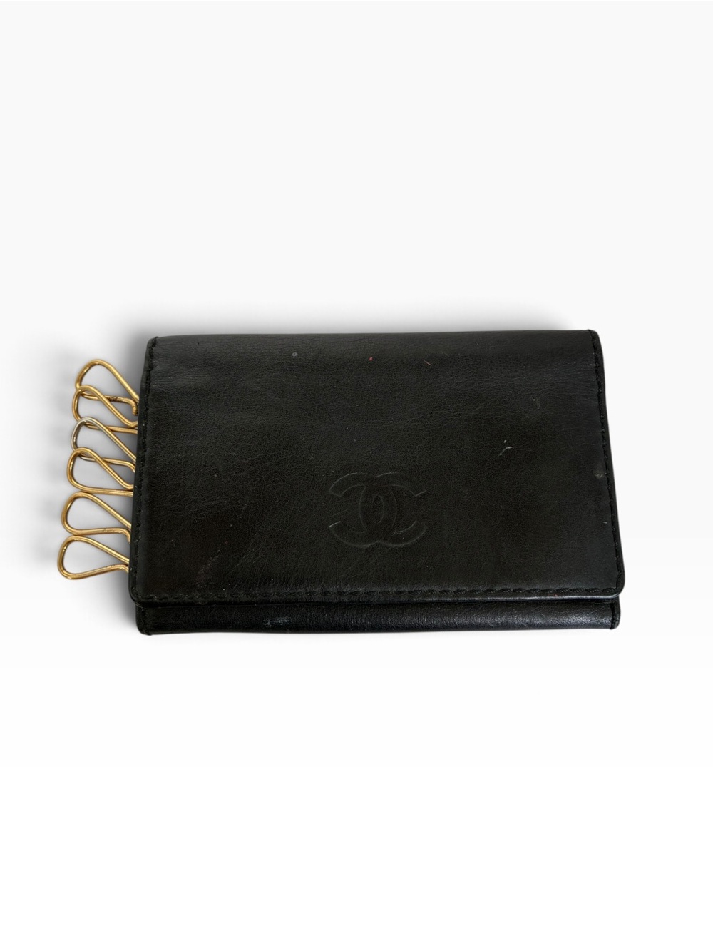 Chanel Vintage Black Leather 6 Key Holder Case CC Logo Gold Tone Hardware